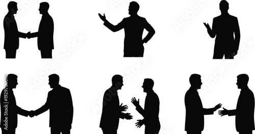 Businessmen handshake and discussion silhouette set, corporate meeting and negotiation gestures isolated on white background for partnership and communication concept