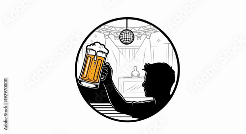 Silhouette of man holding a beer mug with a DJ booth and disco ball in the background