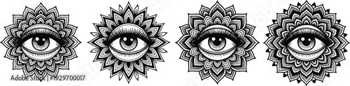 Detailed mandala eye illustration set with intricate floral patterns, boho sacred geometry tattoo design, black and blue ornamental symbol isolated on white background