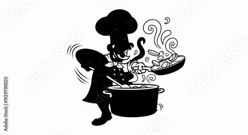 Whimsical chef with a large pot and a sizzling pan of food