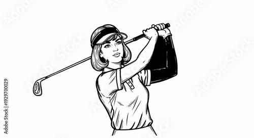 Woman in visor and arm sleeve swings a golf club with determined expression