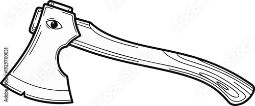 Stylized black and white drawing of an axe with a wooden handle