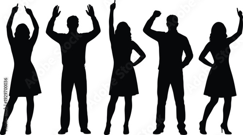 Group of people raising hands silhouette illustration, diverse men and women standing together with gestures isolated on white background for social concept