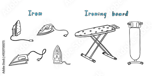 Set of irons and ironing boards. Appliance, domestic life,
housework, chores, utility. Hand drawn