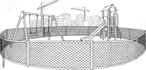 A fenced playground with swings, slide, and construction cranes in background