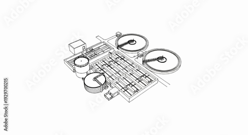 Overhead schematic of a water treatment facility with circular clarifiers and rectangular settling tanks