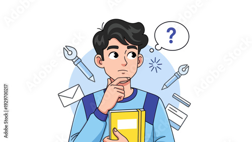 Young man pondering with thought bubble and creative tools illustration