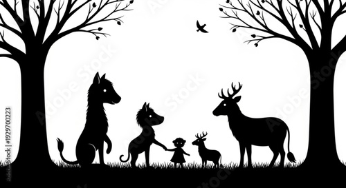 Silhouette of a child with dog and deer in a forest peaceful scene with trees and birds