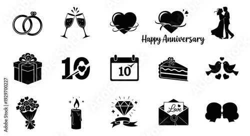 Romantic Anniversary Icon Set Elegant Vector Silhouettes for Celebrating Enduring Love. transparent.
