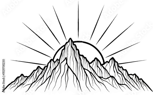 Dramatic mountain peaks emerge as sunburst rays illuminate the horizon