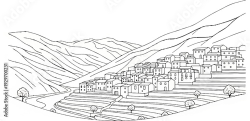 A black and white drawing of a village nestled in rolling hills with terraced fields