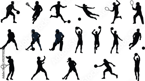 Sports players silhouette collection with basketball, soccer, tennis, hockey and baseball athletes in action poses isolated on white background for fitness design