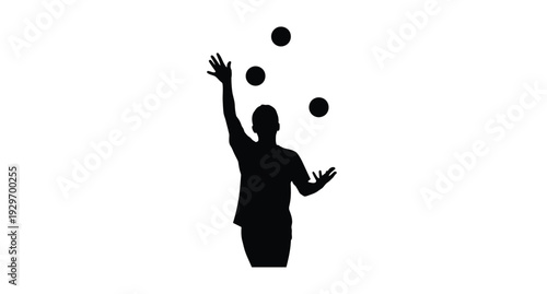 A performer juggles three balls with an outstretched arm silhouette