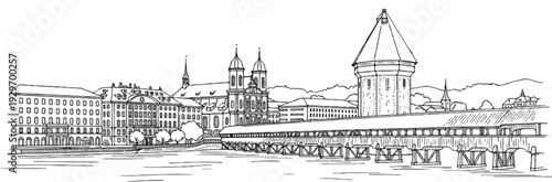 Black and white sketch of a European cityscape with a long covered bridge and historical buildings