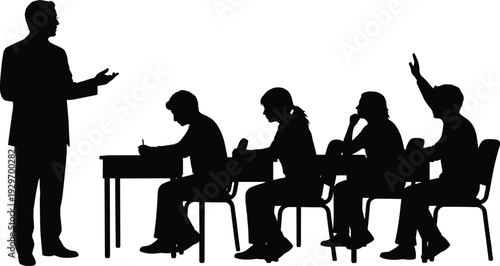 Teacher and students classroom silhouette illustration with raised hand, education concept scene showing lecture, learning, school training and academic discussion isolated on white