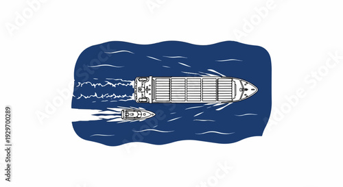 A tugboat escorts a large cargo ship through choppy blue waters