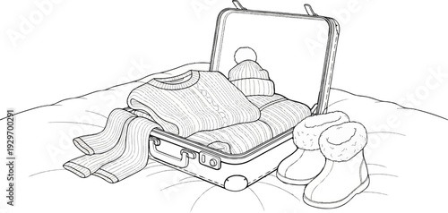 Open suitcase with winter clothing, including a sweater, hat, and boots, arranged on a soft surface