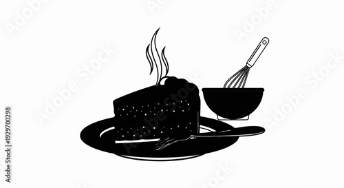 A slice of steaming cake with a fork, and a bowl with a whisk
