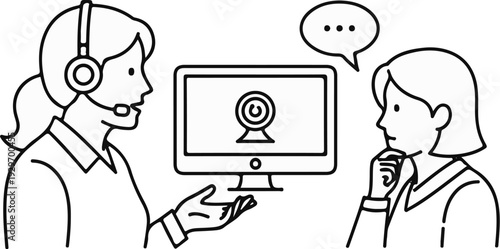 Two people interacting via video call, one with headset, the other thoughtful