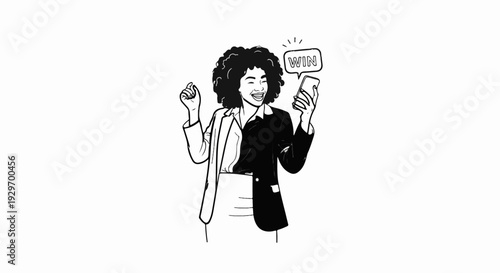 A joyful person celebrates a win on their phone, exclaiming "WIN!