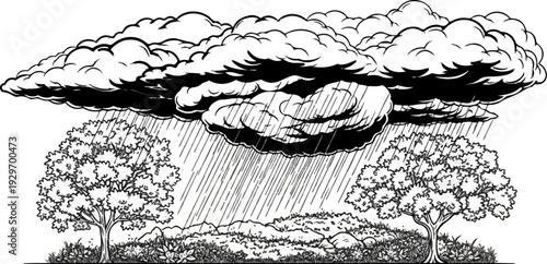 Stormy skies unleash heavy rain on lush trees and landscape below