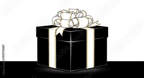 A square black gift box with a large white and gold ribbon bow on top