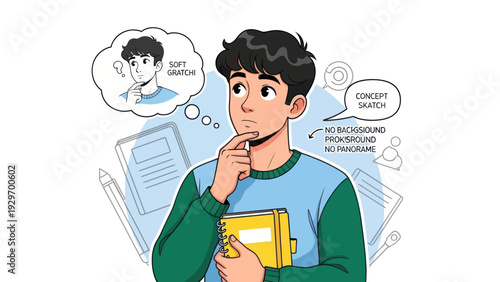 Young man pondering with thought bubble concept sketch illustration