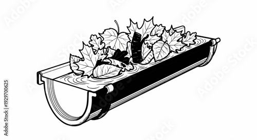 A section of a gutter overflowing with water and autumnal leaves