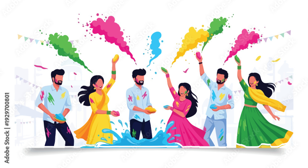 Fototapeta premium Vibrant Holi Festival Celebration, Flat Vector Social Media Design