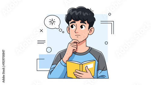 Young man reading and thinking with thought bubble vector illustration