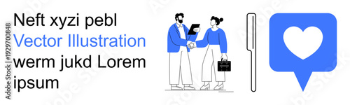 Teamwork, networking, communication, business partnerships, online interaction, social media engagement. Two people shaking hands near a speech bubble with a heart. Teamwork and networking concept