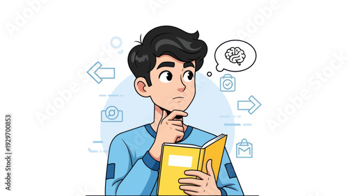 Young man reading and thinking with thought bubble vector illustration