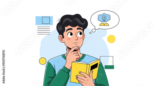 Young man reading and thinking with thought bubble vector illustration