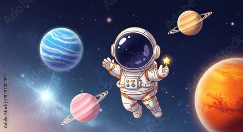 Astronaut floating in space with planets and stars wearing white spacesuit exploring galaxy with planets and celestial bodies