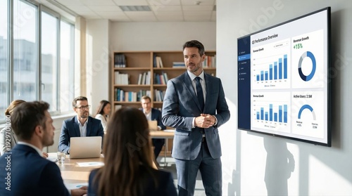 Businessman presenting quarterly results in modern office setting
