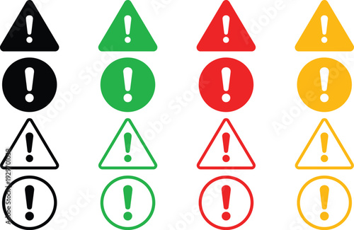 Set of warning symbols in different shapes and colors against white background