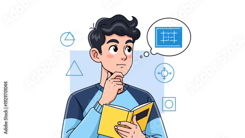 Young man studying with blueprint idea concept illustration