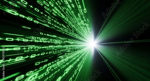 Green digital data stream tunnel with bright light. AI agent and automated workflow concept for futuristic technology.