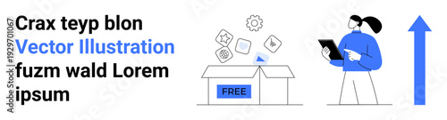 Digital resources, asset sharing, delivery services, technology interaction, data upload, innovation. A person with a tablet evaluates a box and icons. Digital resources and asset sharing concept