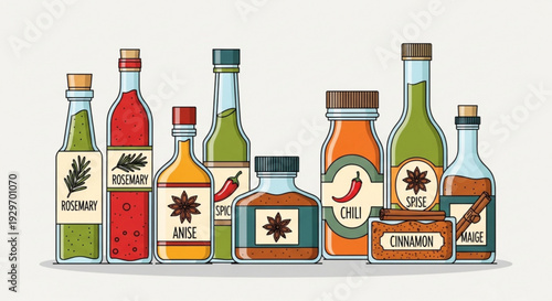 Assorted spice bottles and condiments on a clean white background for culinary or recipe use