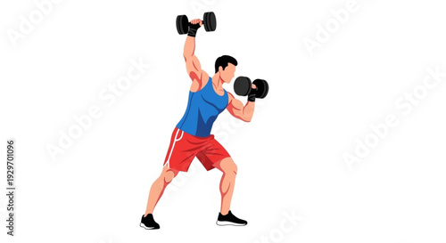 Man doing asymmetrical dumbbell exercise with one arm raised and the other at shoulder level in a dynamic stance