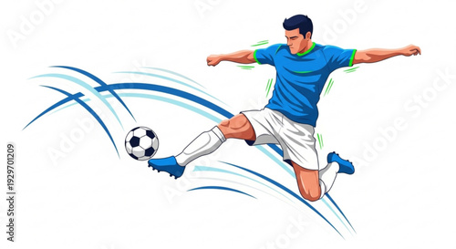 Soccer player kicking ball with motion lines dynamic action scene in blue and white