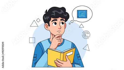 Young man pondering design with book and thought bubble illustration concept