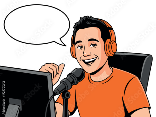 Cartoon man wearing orange headphones speaking into microphone at computer desk with speech bubble