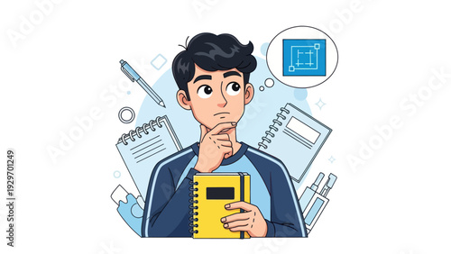 Young man thinking about a design plan with office supplies illustration