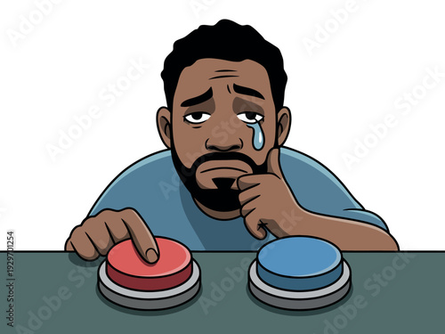 Cartoon man choosing between red and blue buttons with a sad expression