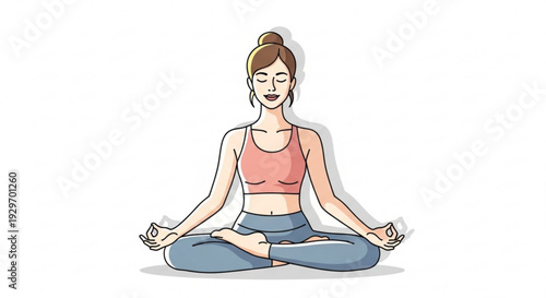 Woman meditates in lotus position serene yoga practice peaceful atmosphere mindfulness relaxation wellness calmness inner peace fitness exercise healthy lifestyle spirituality