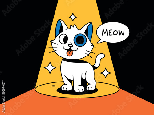 Cartoon white cat with blue eyes and collar under spotlight saying meow happily