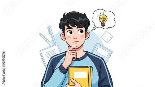 Young man thinking about a new idea cartoon illustration with copy space