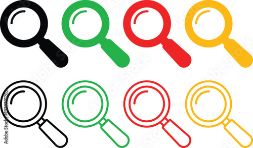 A collection of eight magnifying glasses in various colors and styles